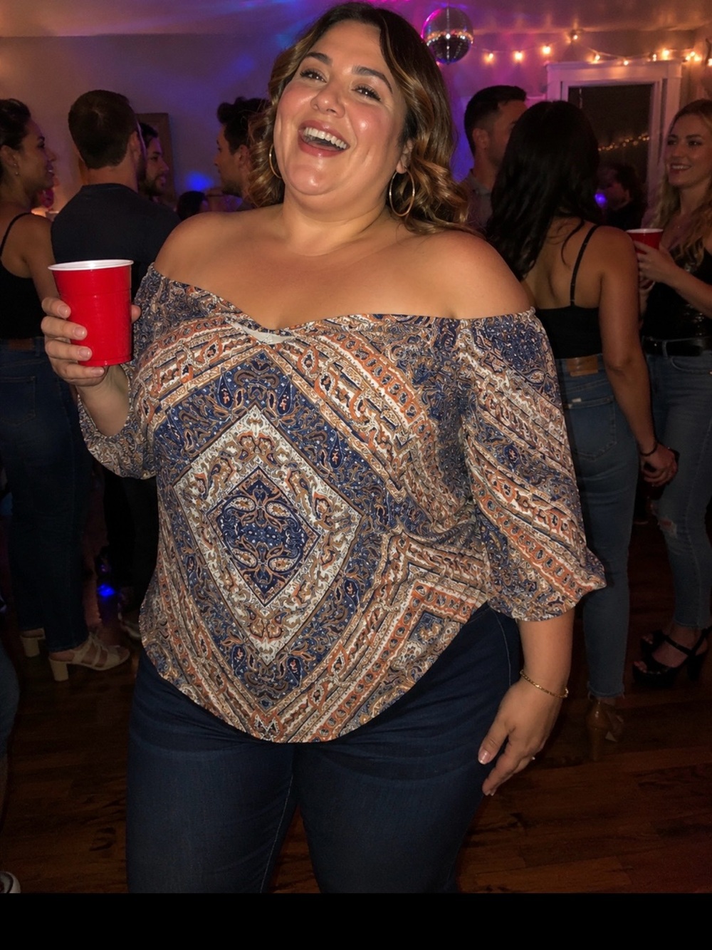 Daniel Rainn Off-Shoulder Paisley Blouse in Navy and Orange